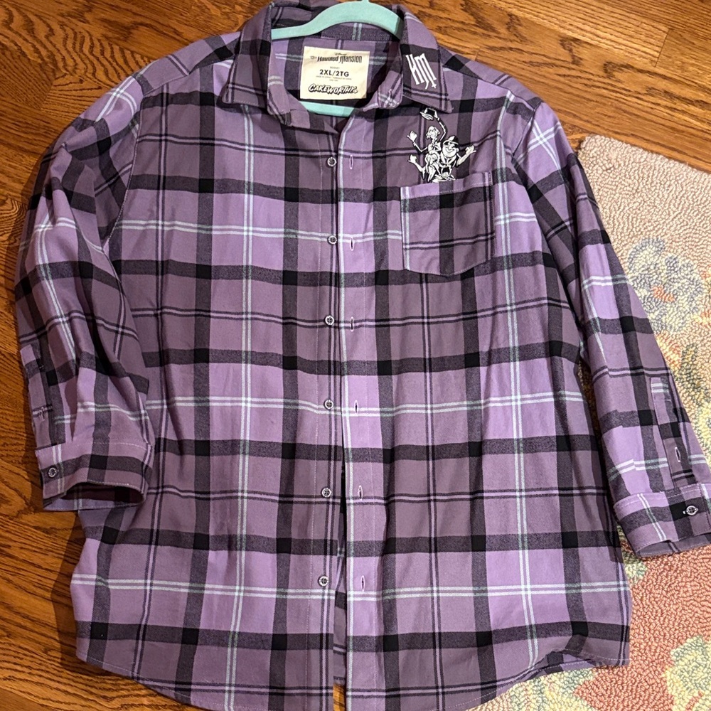 Disney Haunted Mansion Purple and Black Plaid Women's Button Down Shirt